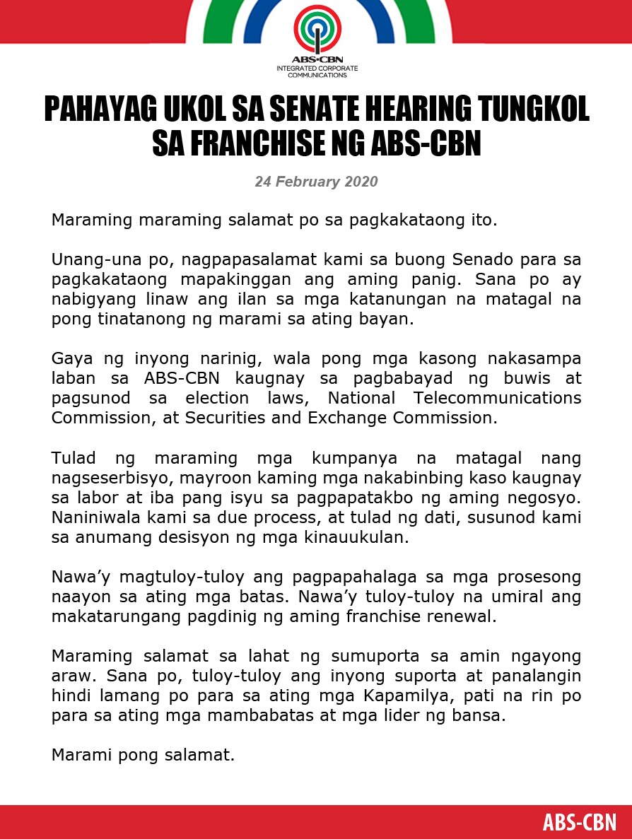 Statement on the Senate Hearing on the franchise of ABSCBN
